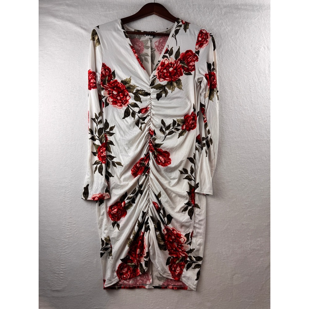 Women's Small White Red Floral Ruched Y2K Mini dress